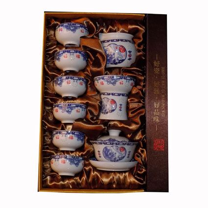 Mini Tea Set - Blue Flowers with Red Luck Symbol - Image 2