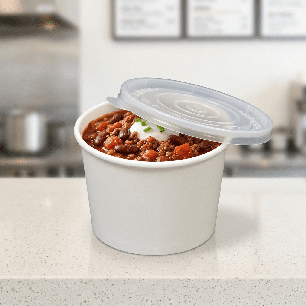 12oz white heavy duty paper container, lifestyle product photo