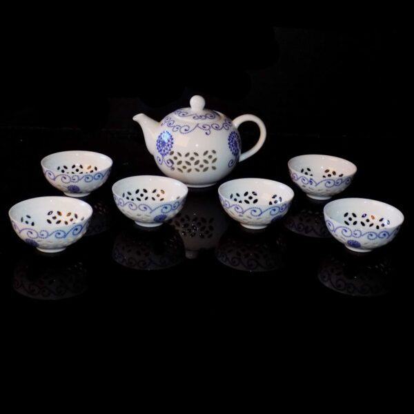 (QT16) Mini Tea Set - Blue Pattern with Glass Overlay