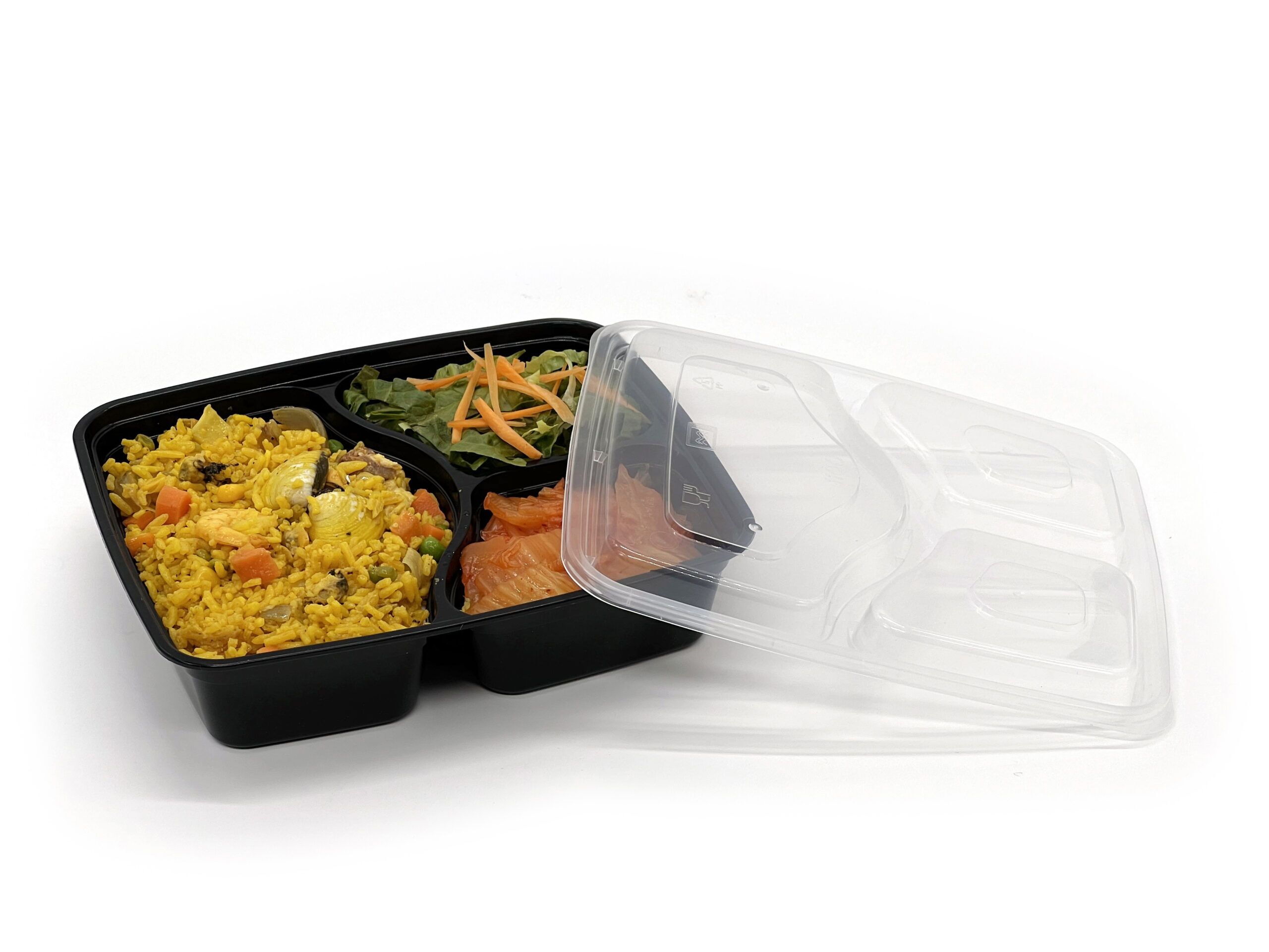 1100cc 3 Compartment Black base with clear lid 150 sets