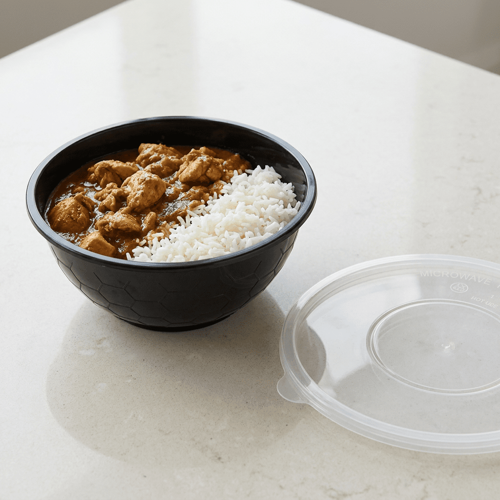 1050cc round black food container, lifestyle product photo