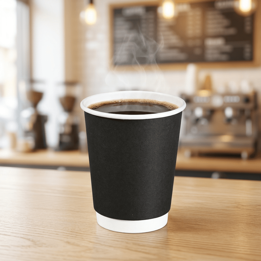 black coffee cup 12oz, lifestyle product photo