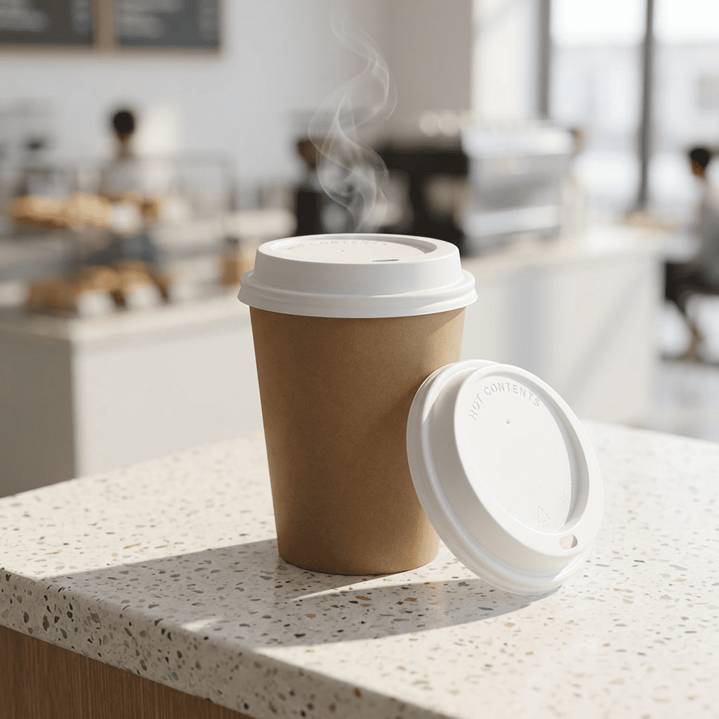 coffee cup lid white 12 16oz, lifestyle product photo