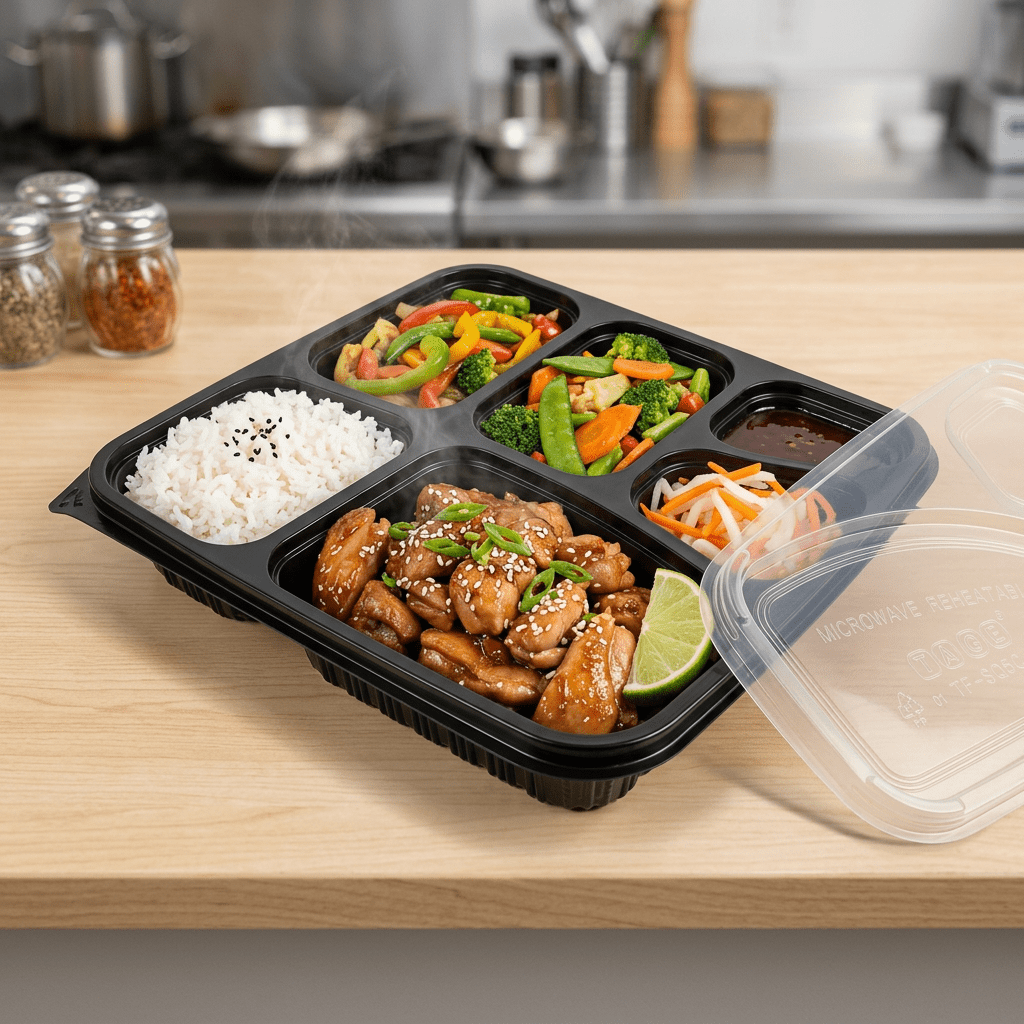 1000ml black 5 compartment square food container, lifestyle product photo