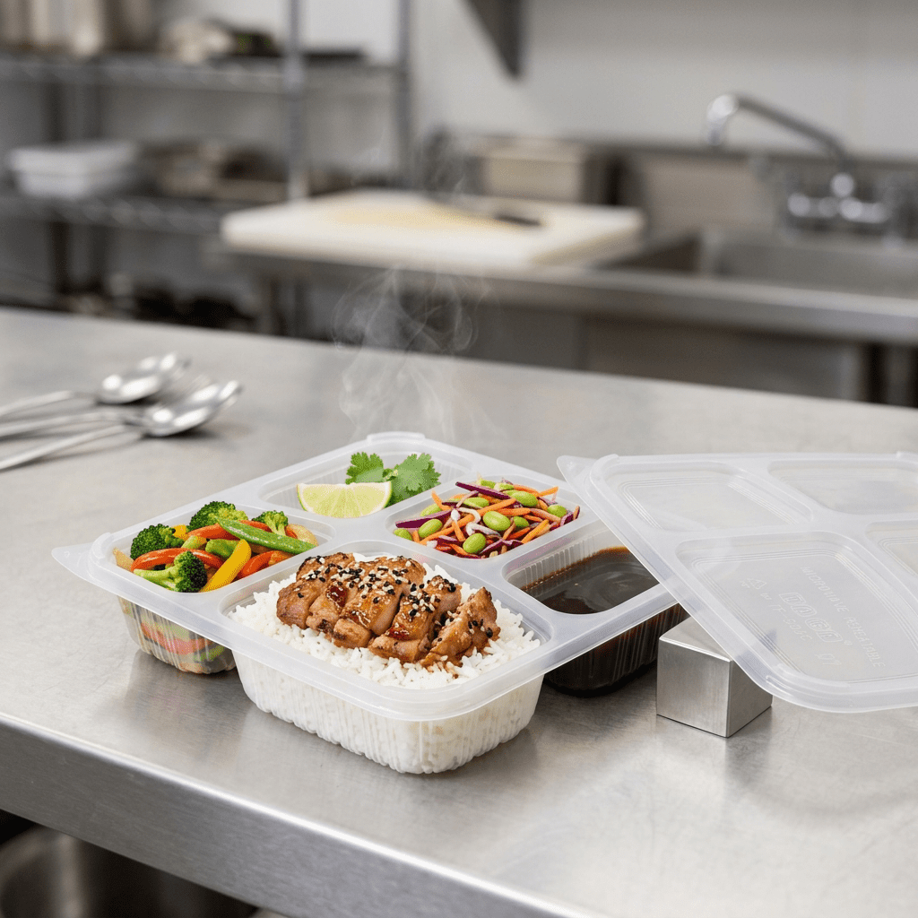 1000ml 5 compartment square food container, lifestyle product photo