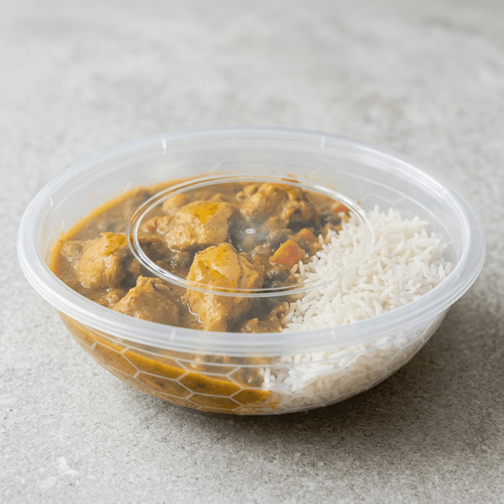 750cc round food container, lifestyle product photo