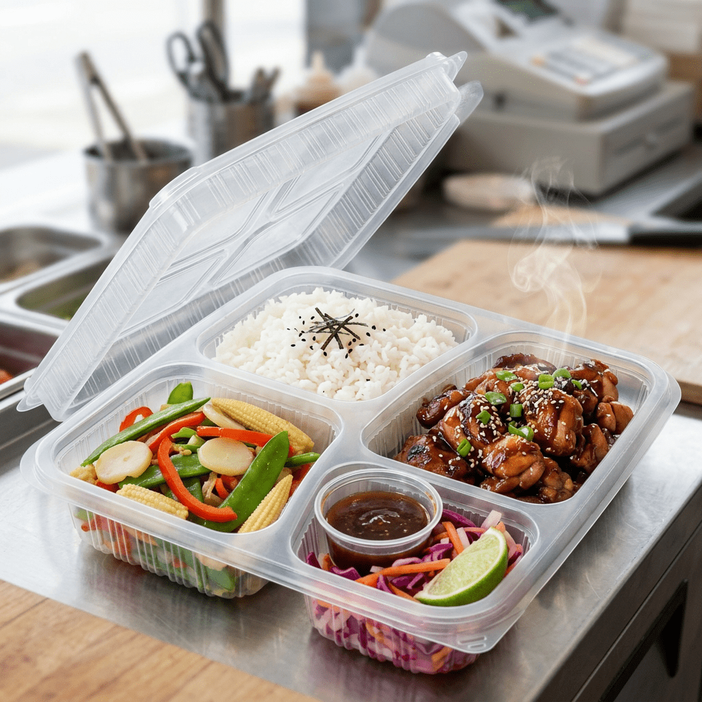 995ml 4 compartment square container, lifestyle product photo