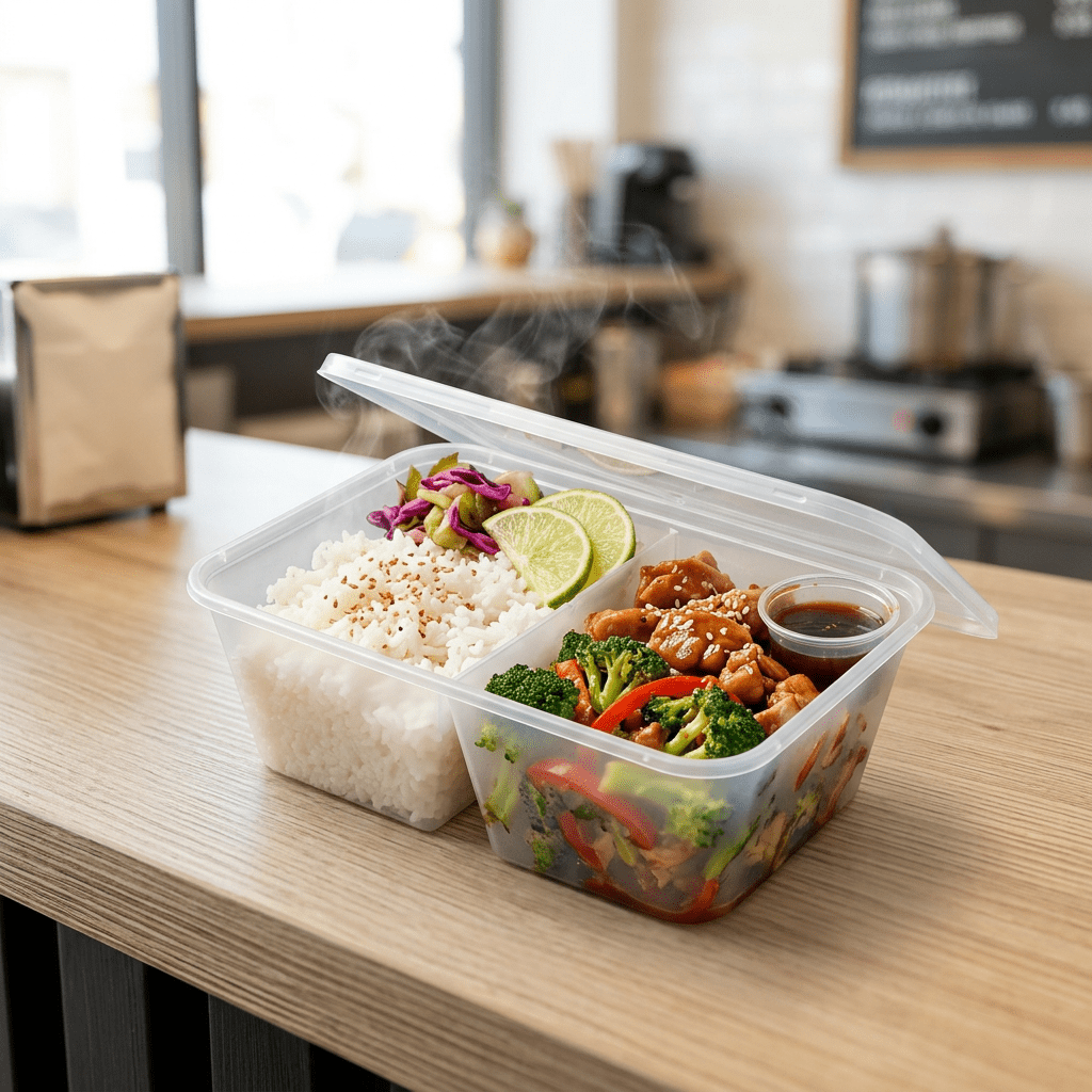 1000cc rectangular container 2 section, lifestyle product photo