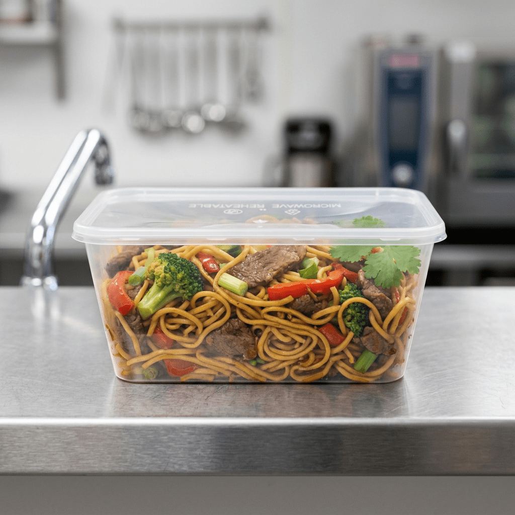 1000cc rectangular food container, lifestyle product photo