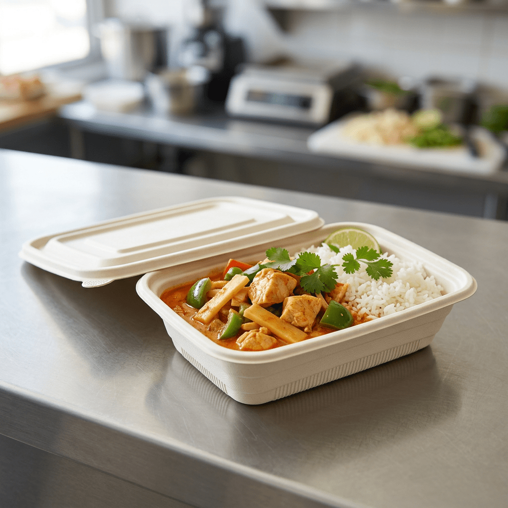 800cc biodegradable food container, lifestyle product photo