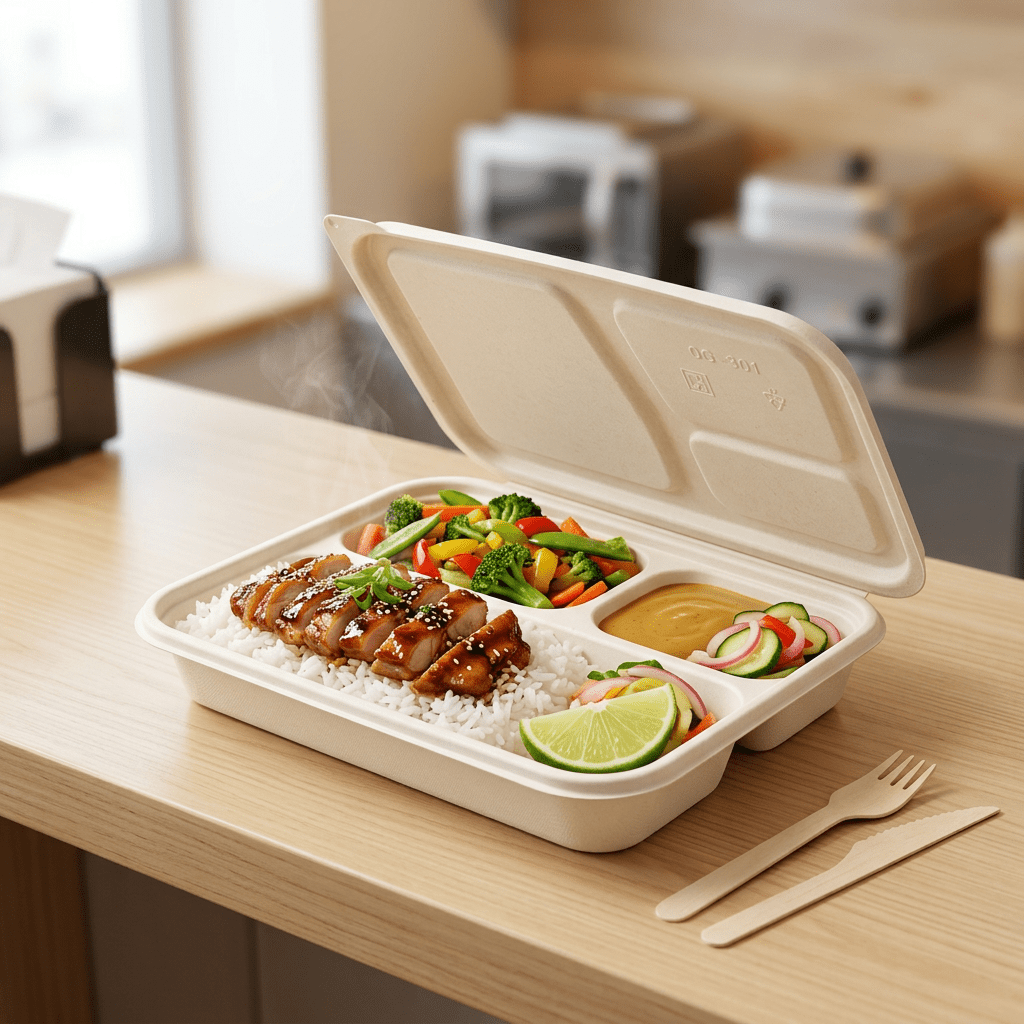 900ml 3 compartment cornstarch container, lifestyle product photo