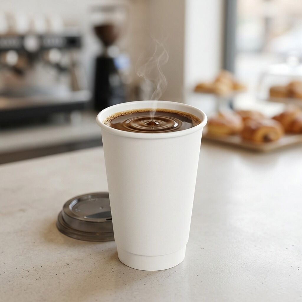 white double wall coffee cup 16oz, lifestyle product photo