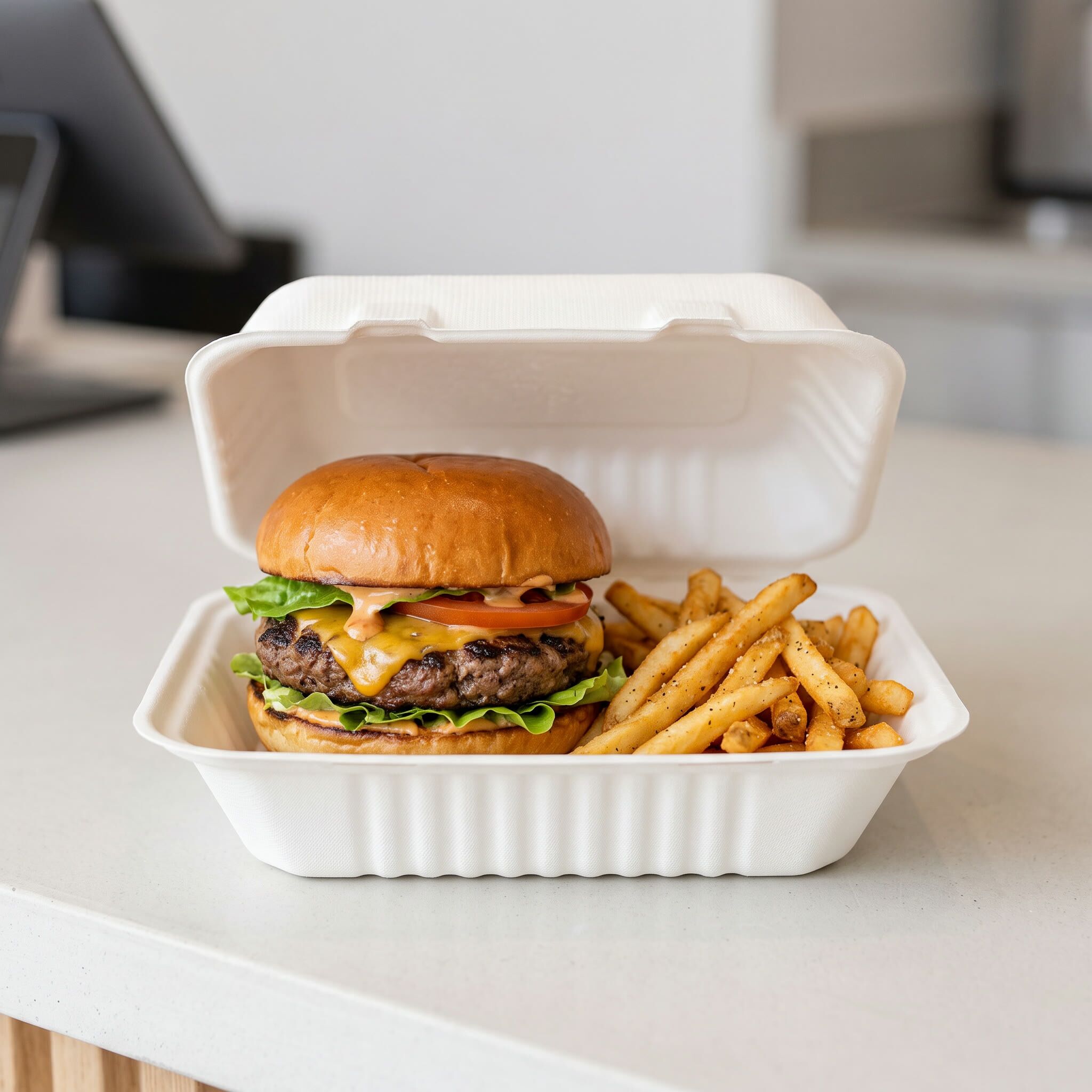 bagasse hinged container 1000ml, lifestyle product photo