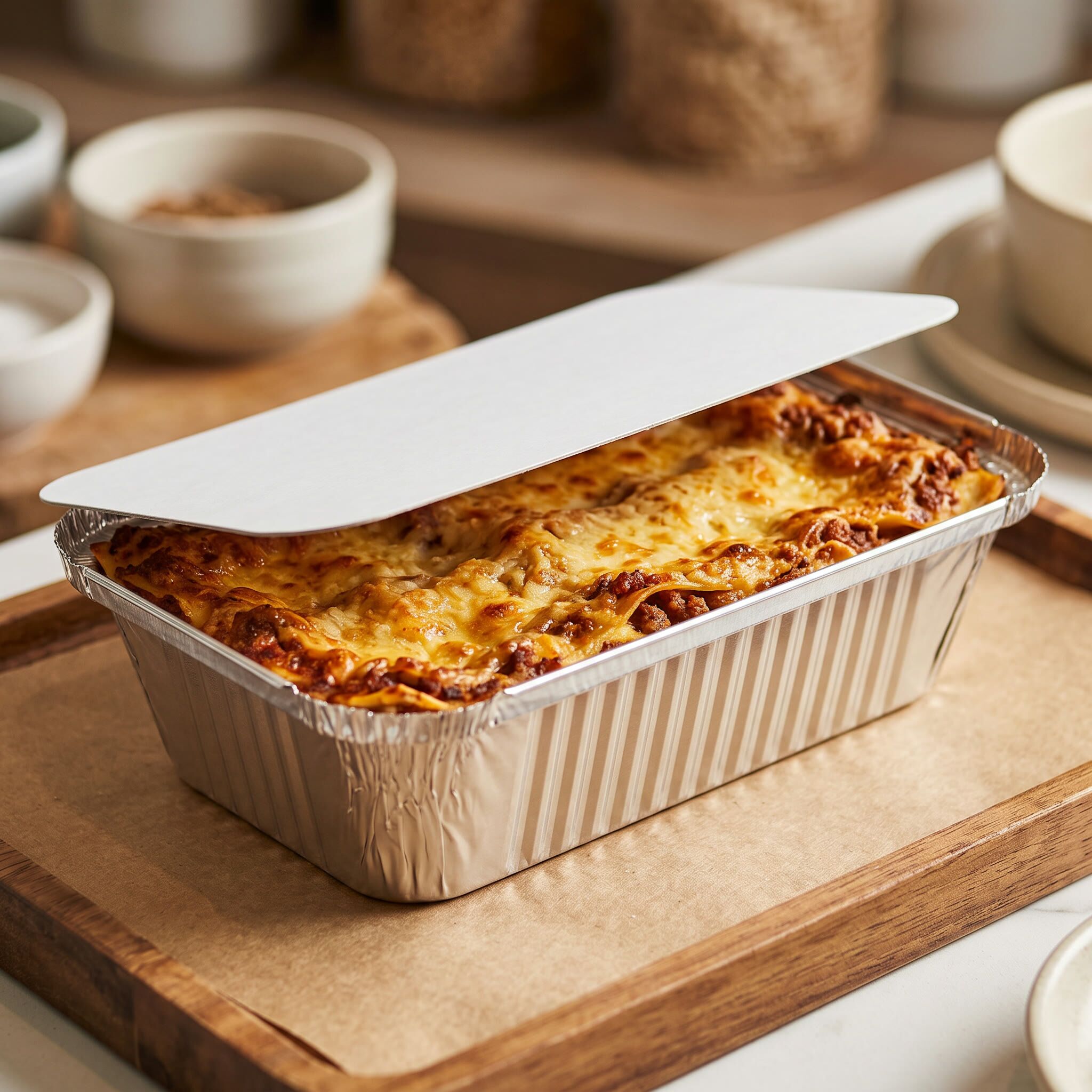 foil containers board lids, lifestyle product photo