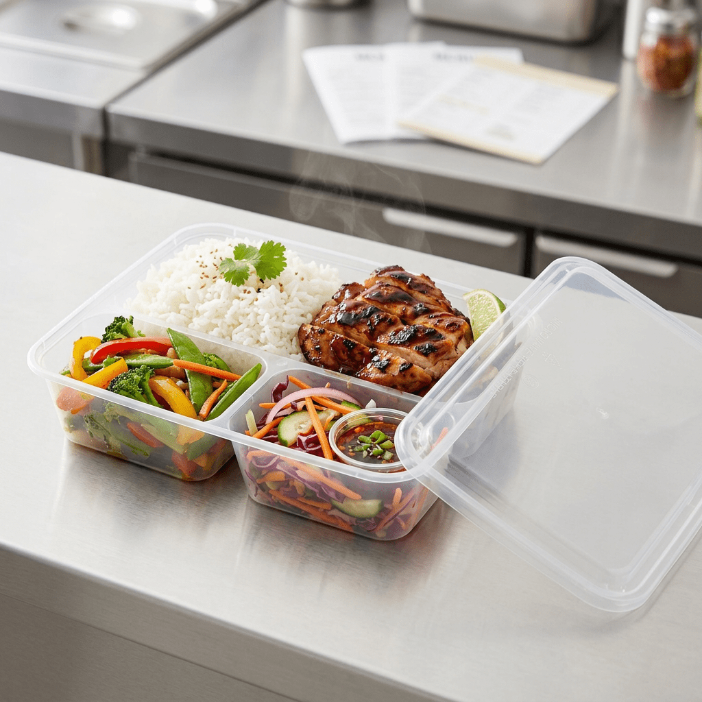 1200cc rectangular food container 3 section, lifestyle product photo
