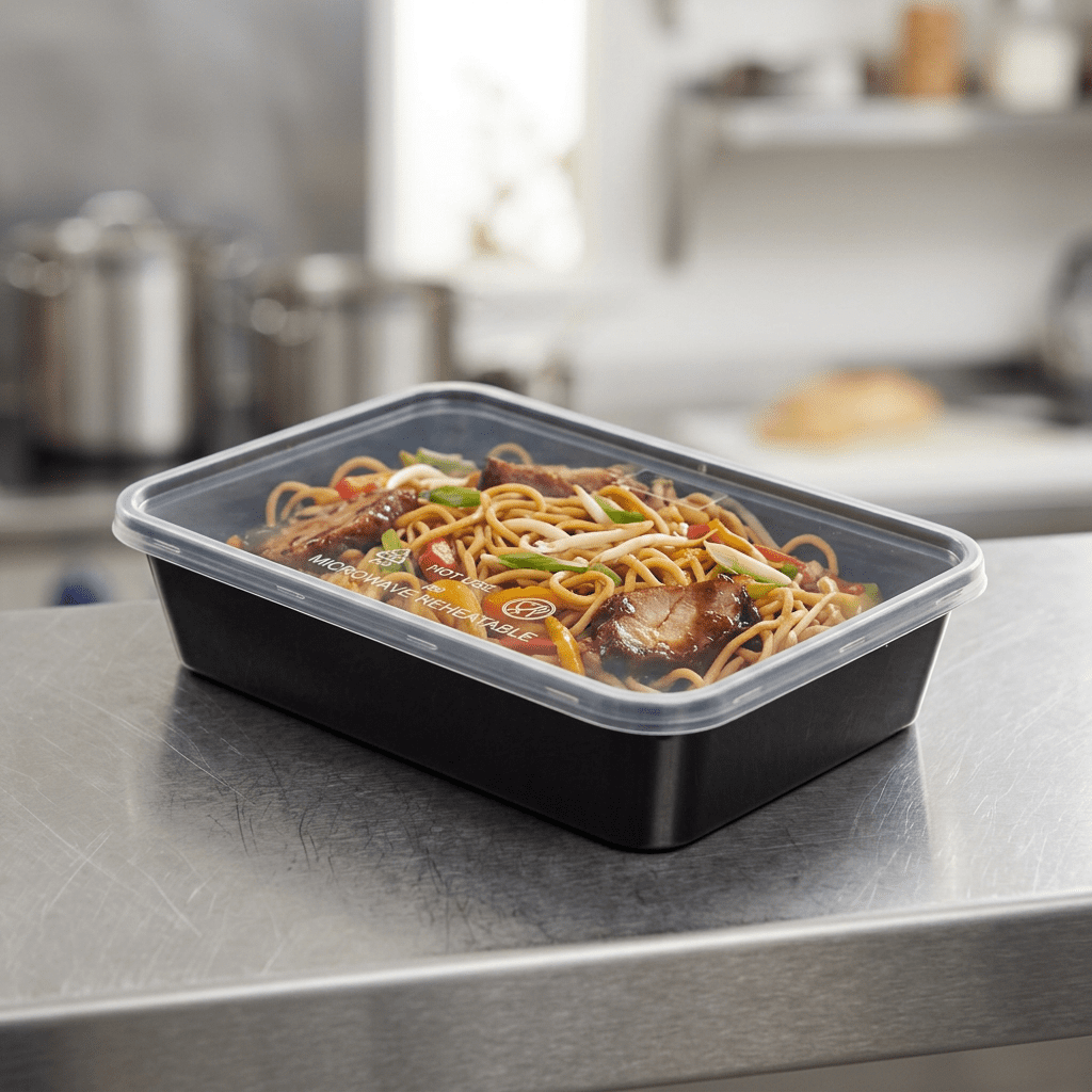 500cc rectangular food container black base clear lid, lifestyle product photo