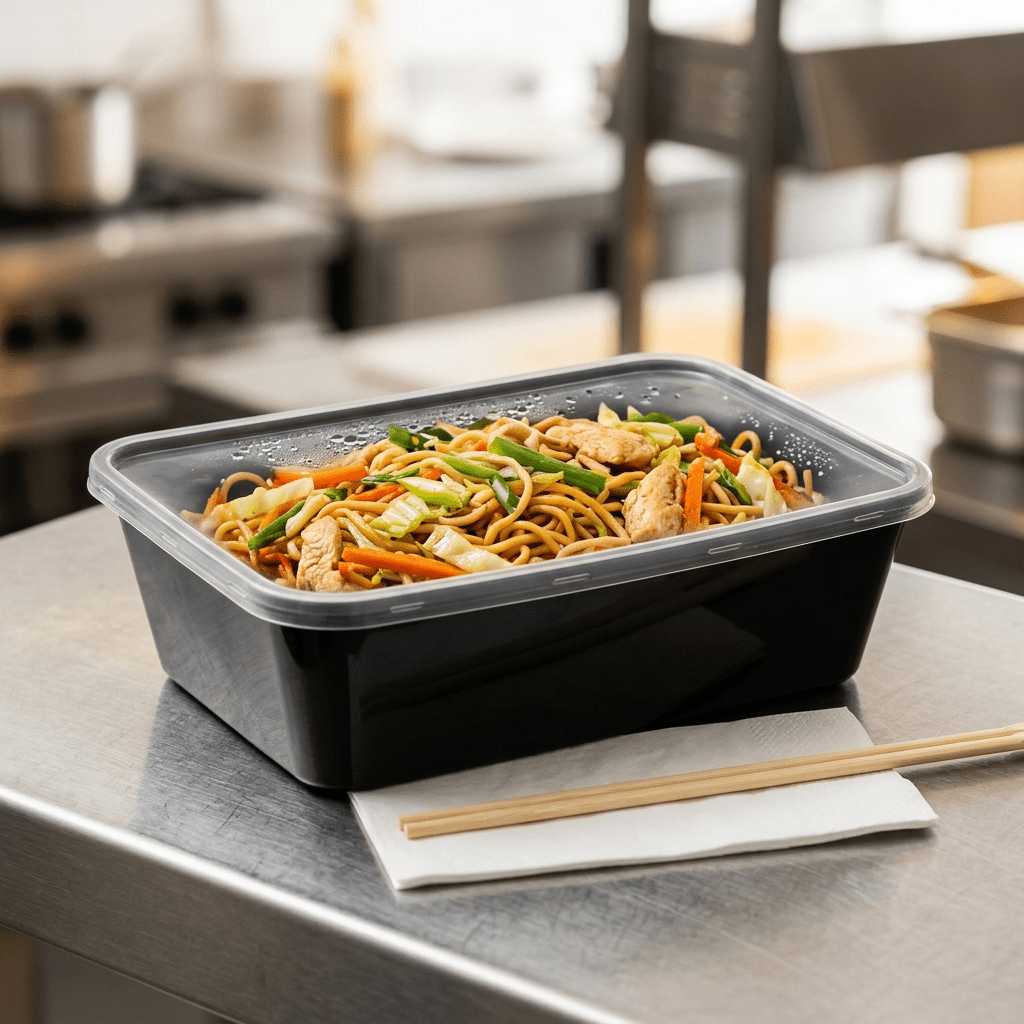 650cc rectangular food container black base clear lid, lifestyle product photo