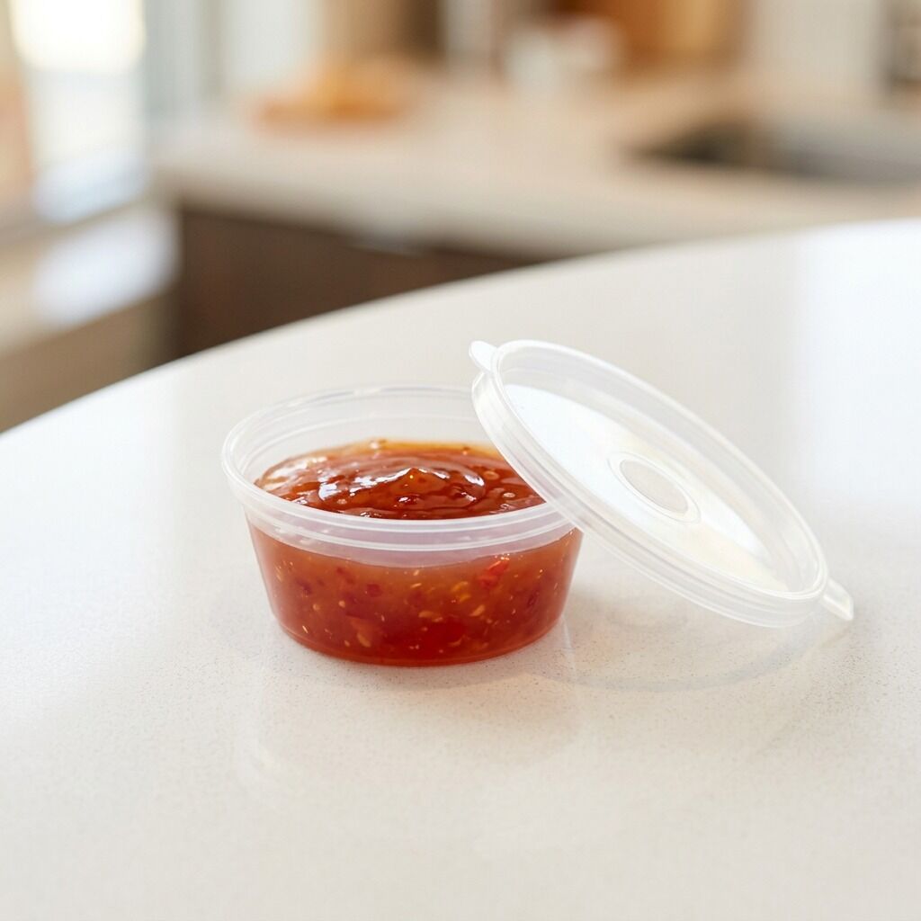 2oz sauce cup lid attached, lifestyle product photo