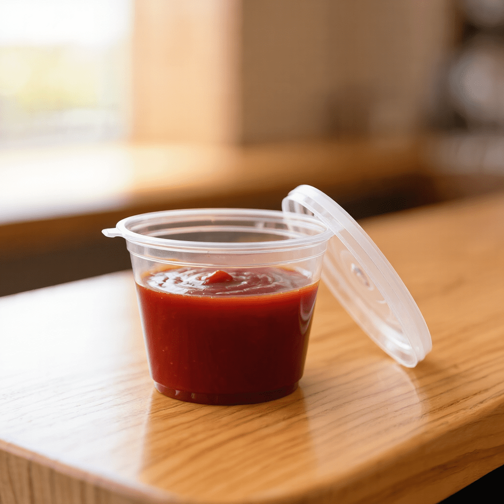 70ml sauce cup lid attached, lifestyle product photo
